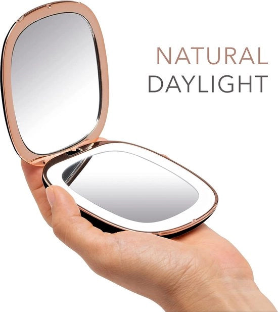 Specchio di Trucco Compattabile con Luce LED Regolabile 1X/10X di Amplificazione - LED Portatile a Luce di Giorno con Lente di Vetro Premium 101mm (Colorazione Viola) per Tavolo di Trucco