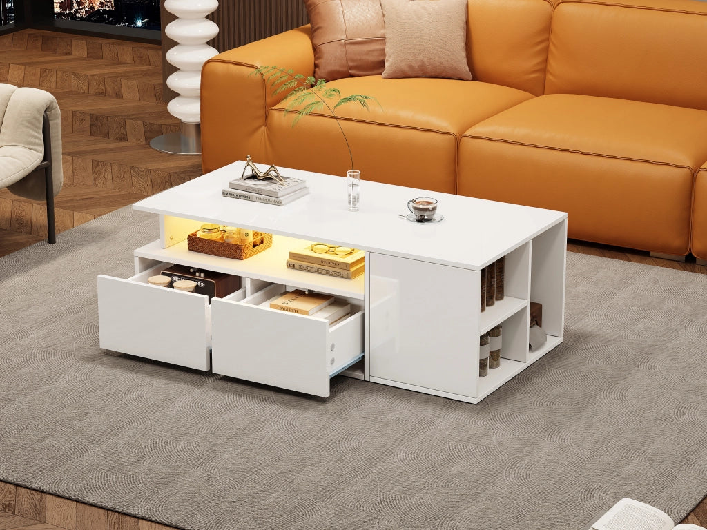TAVOLINO DA SALOTTO 100x50x35 cm Bianco Lucido con LED e 2 Cassetti