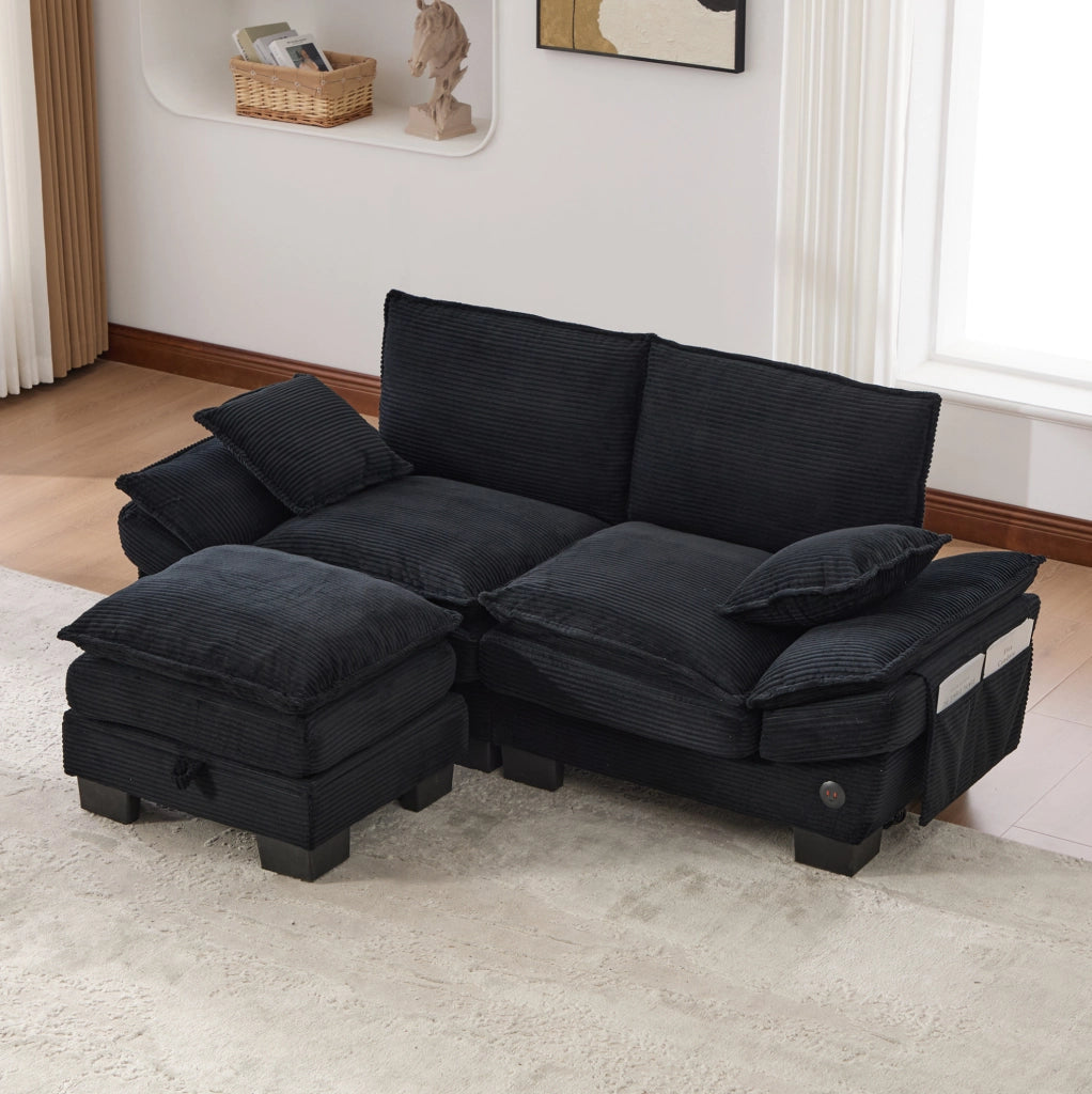Divano 2 posti ULEVR con pouf contenitore, USB-C e tasche laterali, velluto a coste nero, 190x132x84 cm