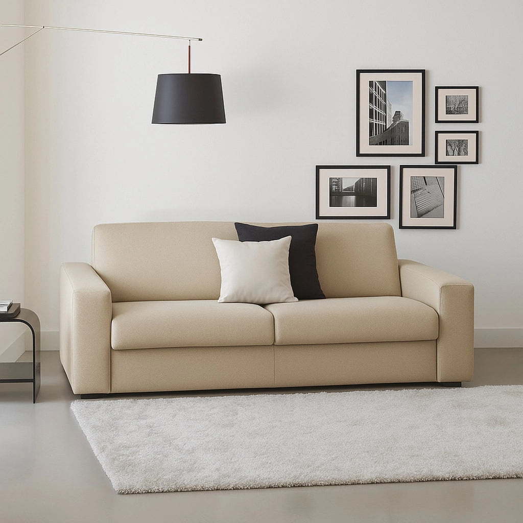 Divano fisso Azzurrite, Divano a 2 posti, 100% Made in Italy, SofÒ  Soggiorno in tessuto imbottito, con Braccioli standard, Cm 180x95h90, Beige