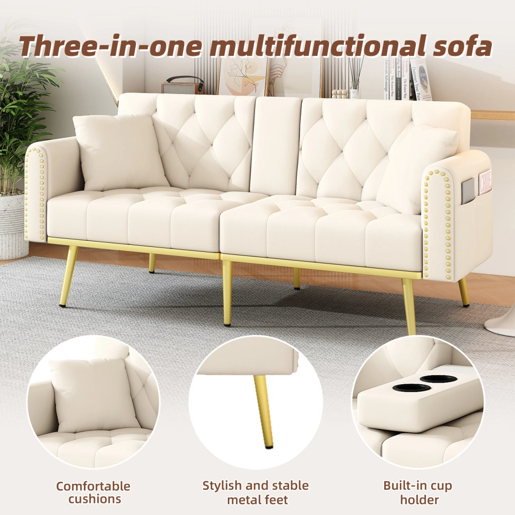 Divano letto 2 posti - con schienale regolabile e portabicchieri - velluto beige