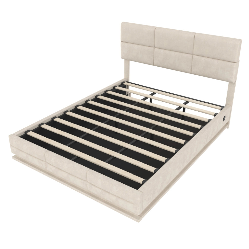 Letto 180x200 cm con contenitore idraulico, LED, USB e velluto beige
