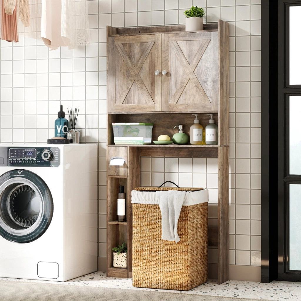 Scaffale organizzatore con doppie ante e ripiano regolabile-Mobile contenitore sopra il WC per bagno e lavanderia Grigio