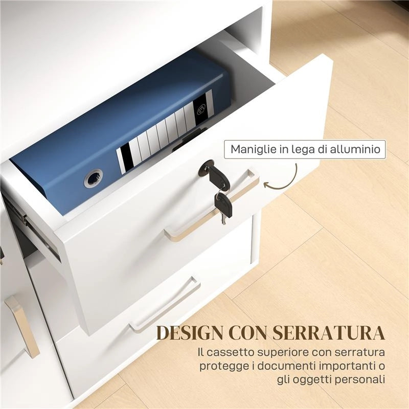 SCHEDARIO PER UFFICIO CON 3 CASSETTI E ARMADIETTO CON 3 RIPIANI REGOLABILI, IN LEGNO, 60X40X56 CM, BIANCO