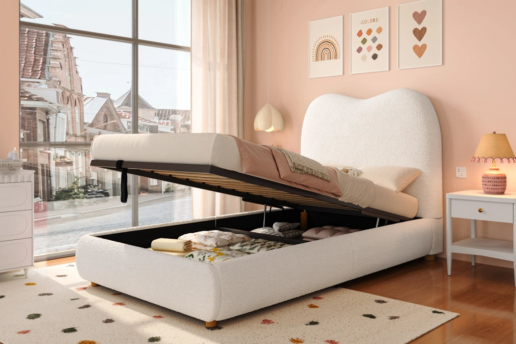 DESMIU Letto bambino 90 × 200 cm con contenitore idraulico, senza materasso, in bouclé, beige