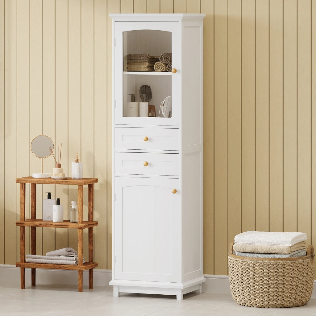 Armadietto da bagno con porta in vetro, 2 cassetti e ripiani regolabili, in MDF e vetro, bianco 45 × 36 × 160 cm