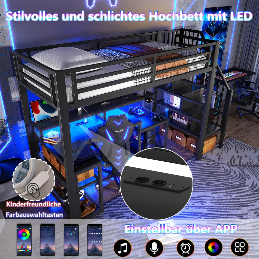 OKWISH Letto a soppalco 90×200 cm, Letto Singolo con Mensole, Scala contenitore, LED Regolabile e USB, senza Materasso, Nero