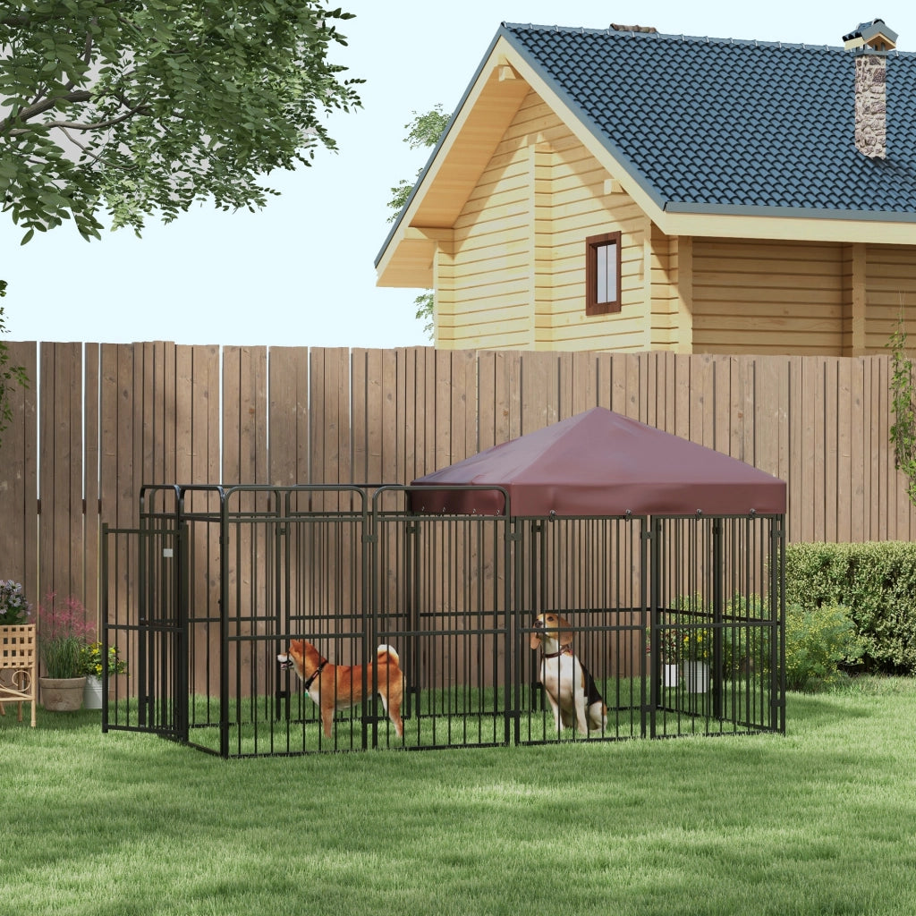 Recinto per Cani da Esterno in Metallo con Tetto ¨C Xylo ¨C Marrone 282x141x160.5cm