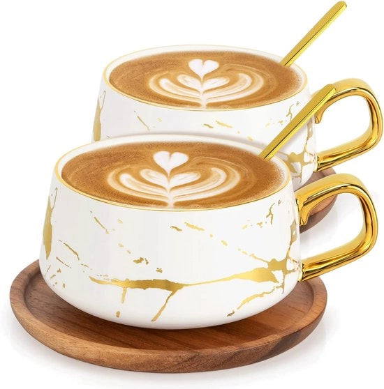 Set di 2 tazze per caffè espresso, 300 ml tazze per cappuccino, tazze in marmo con piatto, porcellana, 2 tazze, 2 piatti, 2 cucchiai, bianco