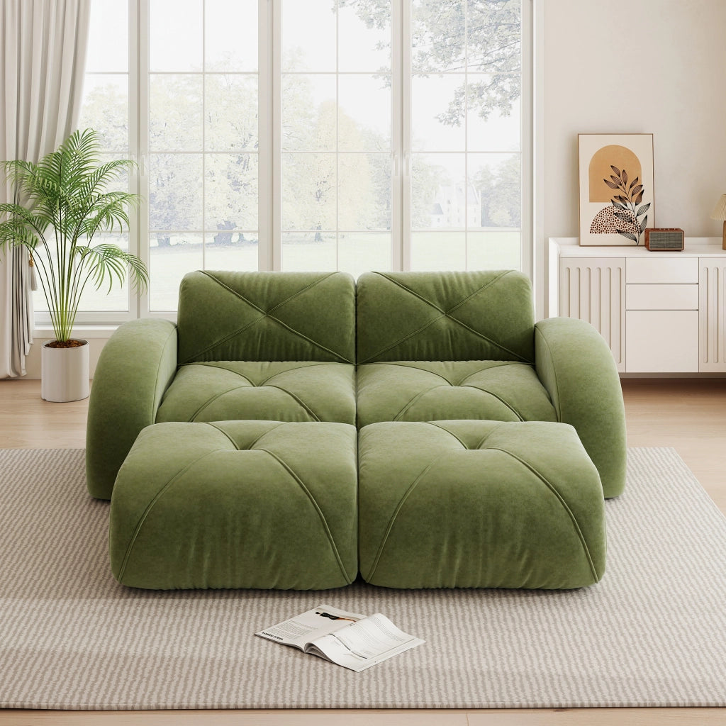 Divano modulare 2 posti con 2 pouf; schiuma 32D; tessuto chenille; verde