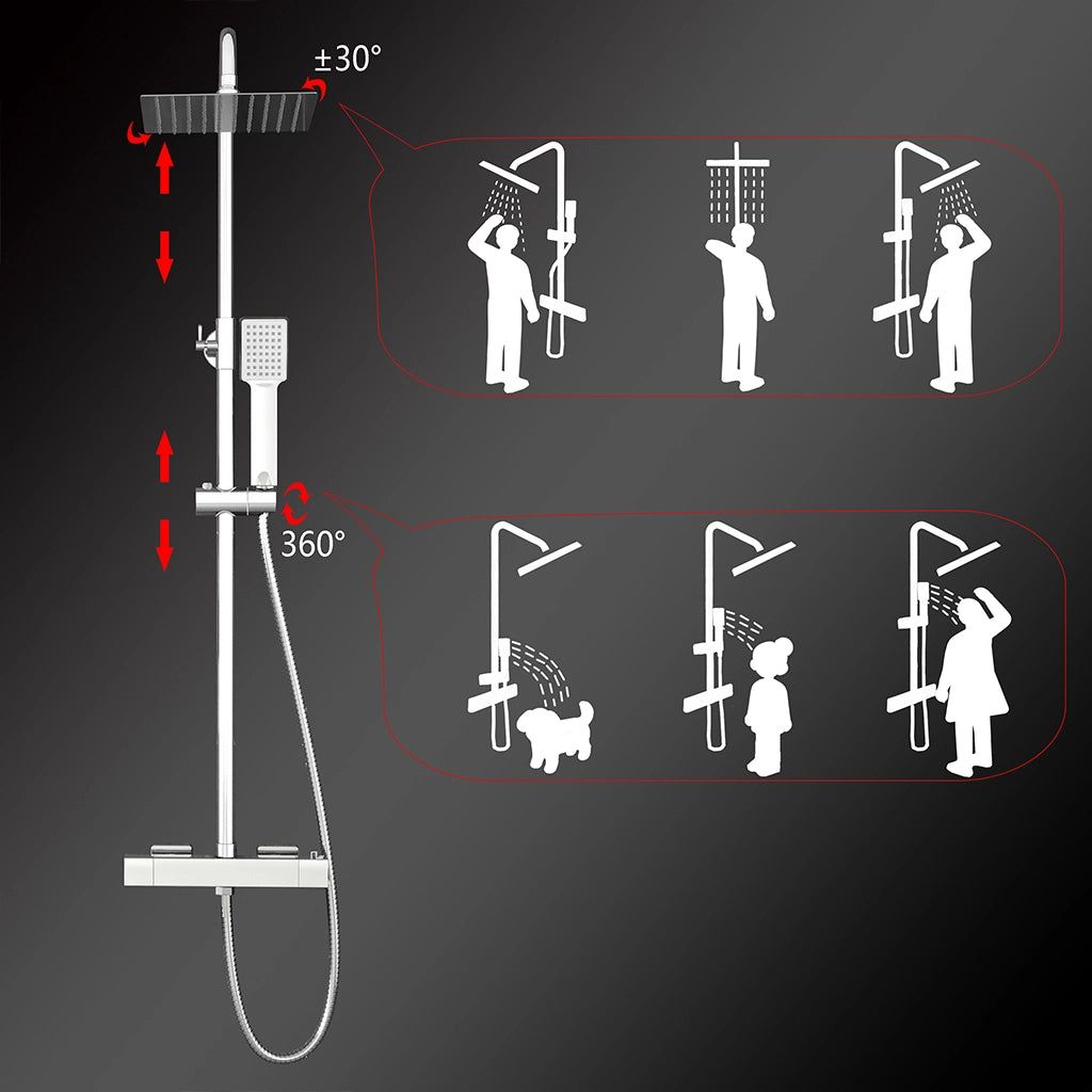 Colonne doccia cromo, soffione doccia quadrato 20x20cm acciaio inox, saliscendi doccia tondo regolabile 72-120cm