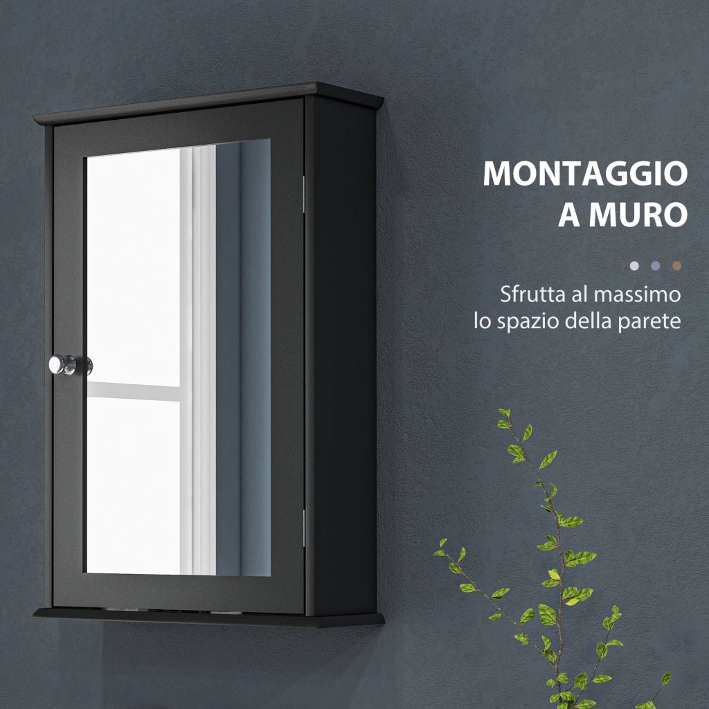 Mobiletto Bagno Pensile con Specchio e Anta a Chiusura Magnetica, 41x14x60 cm, Nero