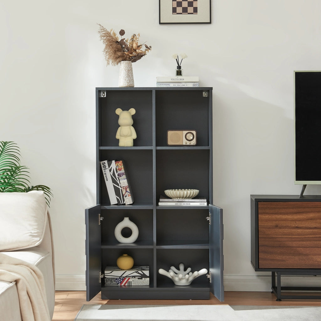 Armadio Comò Alto Bopibobro a 2 Ante Credenza con 4 Ripiani Aperti e 4 Vani Chiusi 118 x 64 x 30 cm - Grigio Scuro [en.casa]