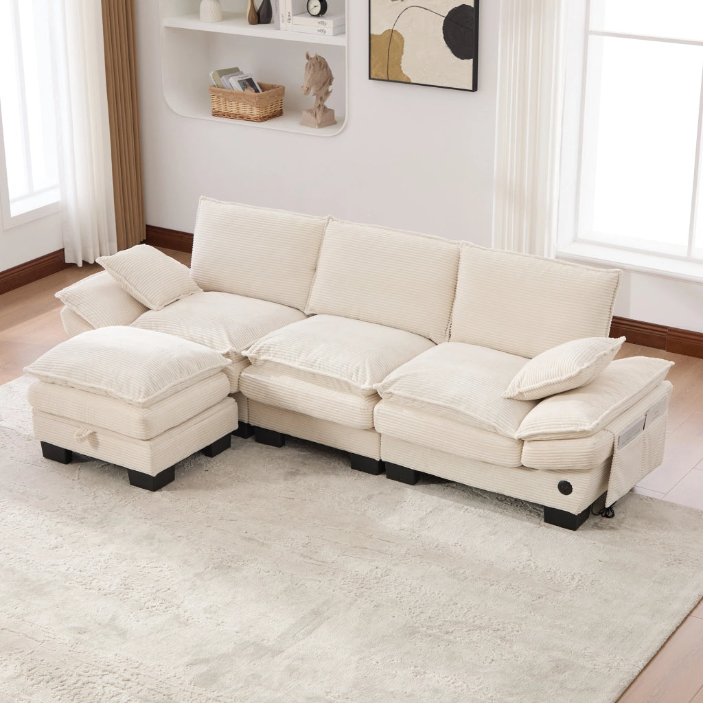 DIVANO Modulare 3 posti con pouf 260x132x84 cm Corduroy Beige