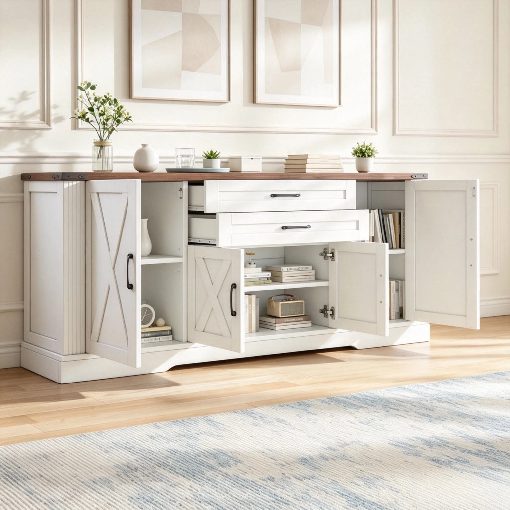Credenza con 4 ante e 2 cassetti; ripiani regolabili - per soggiorno - in MDF e truciolare - 160×39×81.5 cm - bianco