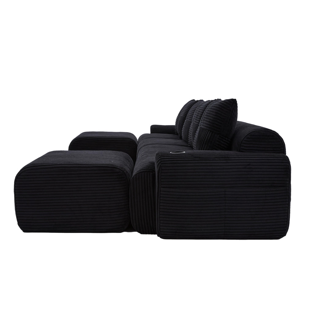 Divano modulare 4 posti in corduroy nero; con portabicchiere e tasca laterale; 333 x 174 x 80 cm
