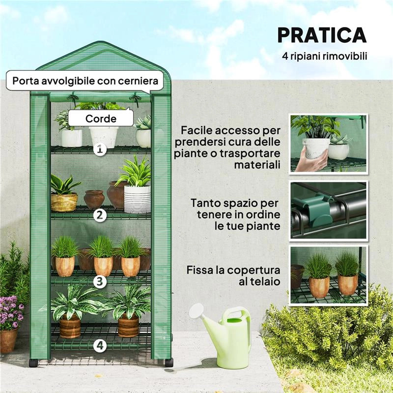 SERRA DA BALCONE A 4 LIVELLI CON 4 ROTELLE E INGRESSO AVVOLGIBILE, IN ACCIAIO E PE, 69X50X165 CM, VERDE