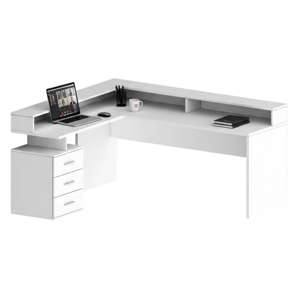 Scrivania Leonilda, Scrittoio angolare con sopralzo, Scrivania ufficio multiuso, 180x90h160 cm, Bianco