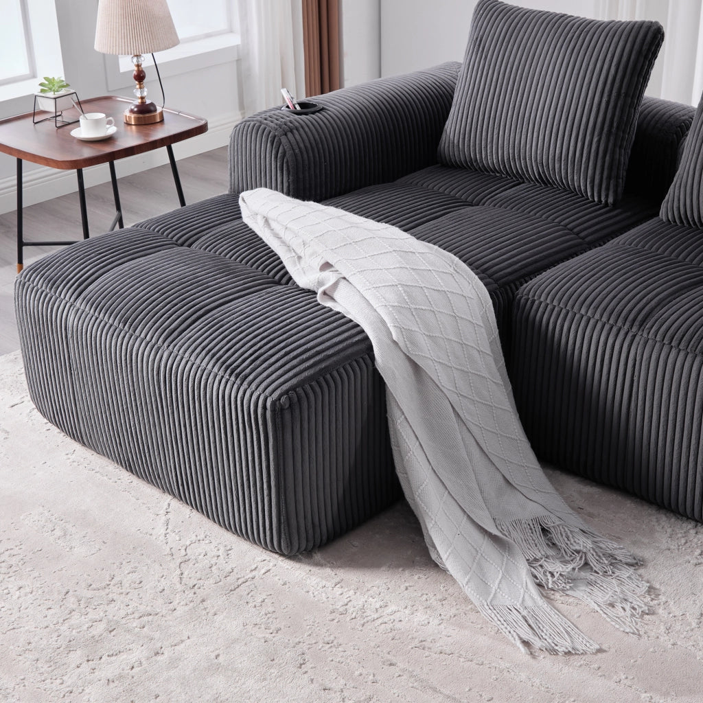 Divano Modulare con Tasche Laterali e Portabicchieri, 3 Cuscini, in Corduroy Grigio Scuro, 253 × 158 × 61 cm