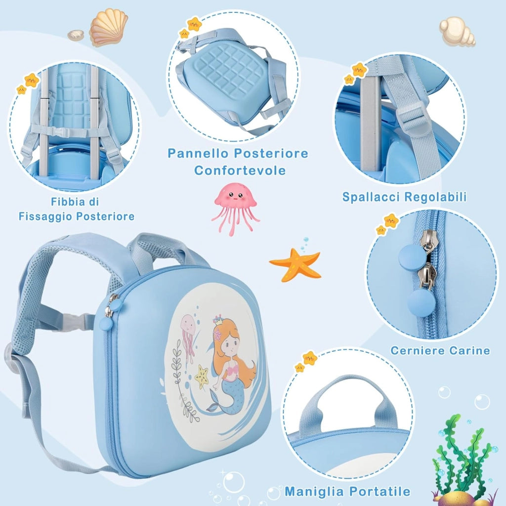 Set di Valiglie per Bambini, Set da 4 Pezzi con Trolley, Zaino, Cuscino per Collo ed Etichetta per Bagaglio, Valigia a Mano da Viaggio con Ruote Universale e Maniglia Regolabile (Sirena)