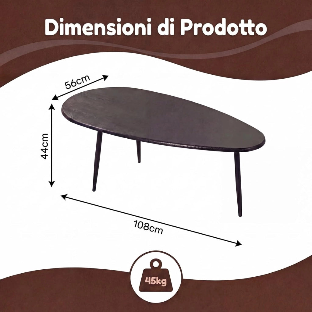 Tavolino da Caffè Mid-Century Moderno, Tavolino d'Accento Ovale Irregolare con Gambe in Metallo, Tavolino Compatto per Soggiorno, Ufficio Domestico, Angolo Lettura, Facile da Montare (Nero)