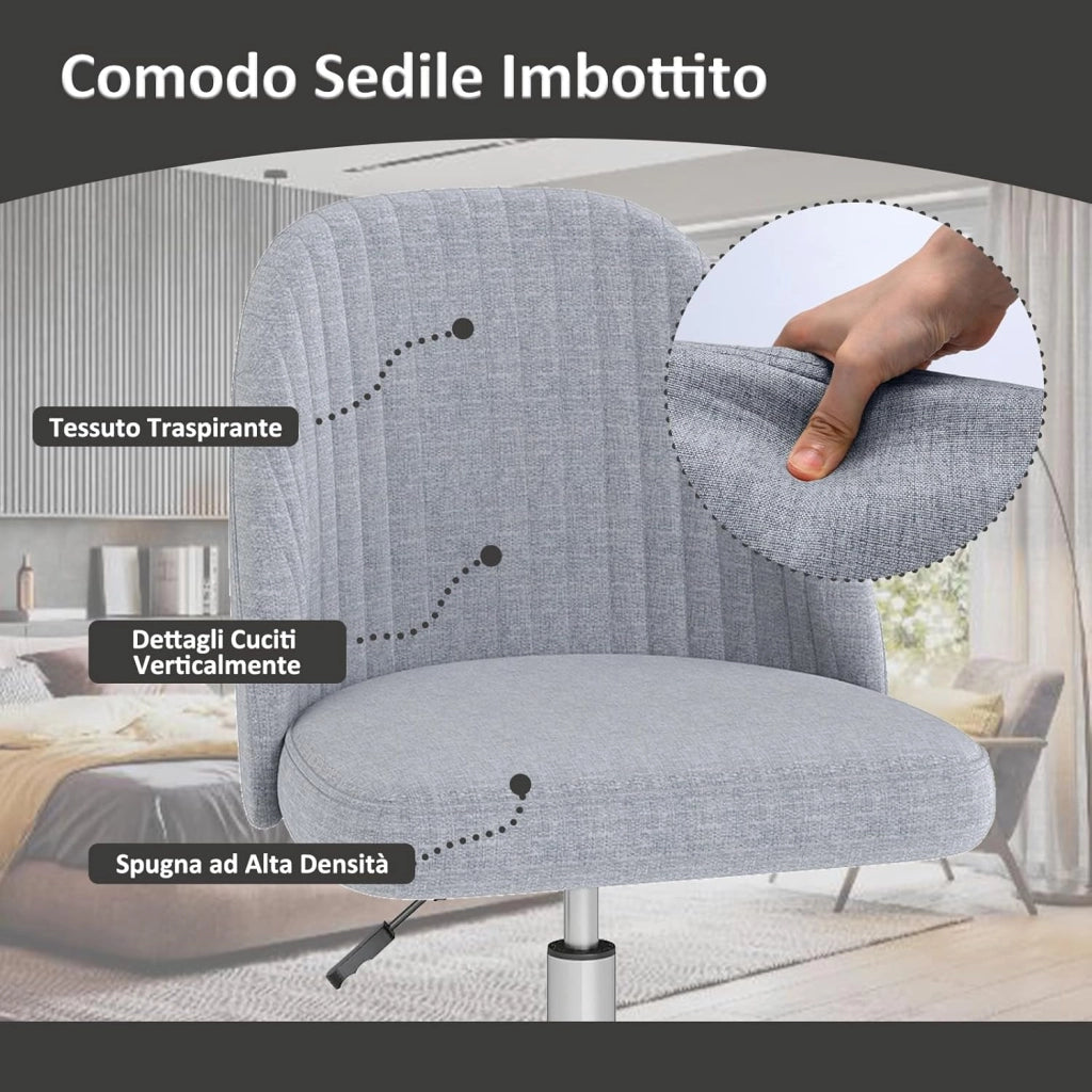 Sedia da Ufficio, Sedia da Scrivania Moderna senza Braccioli, con Schienale Curvo e Seduta Imbottita, Regolabile in Altezza con Rotelle Lisce per Camera da Letto (Grigio)