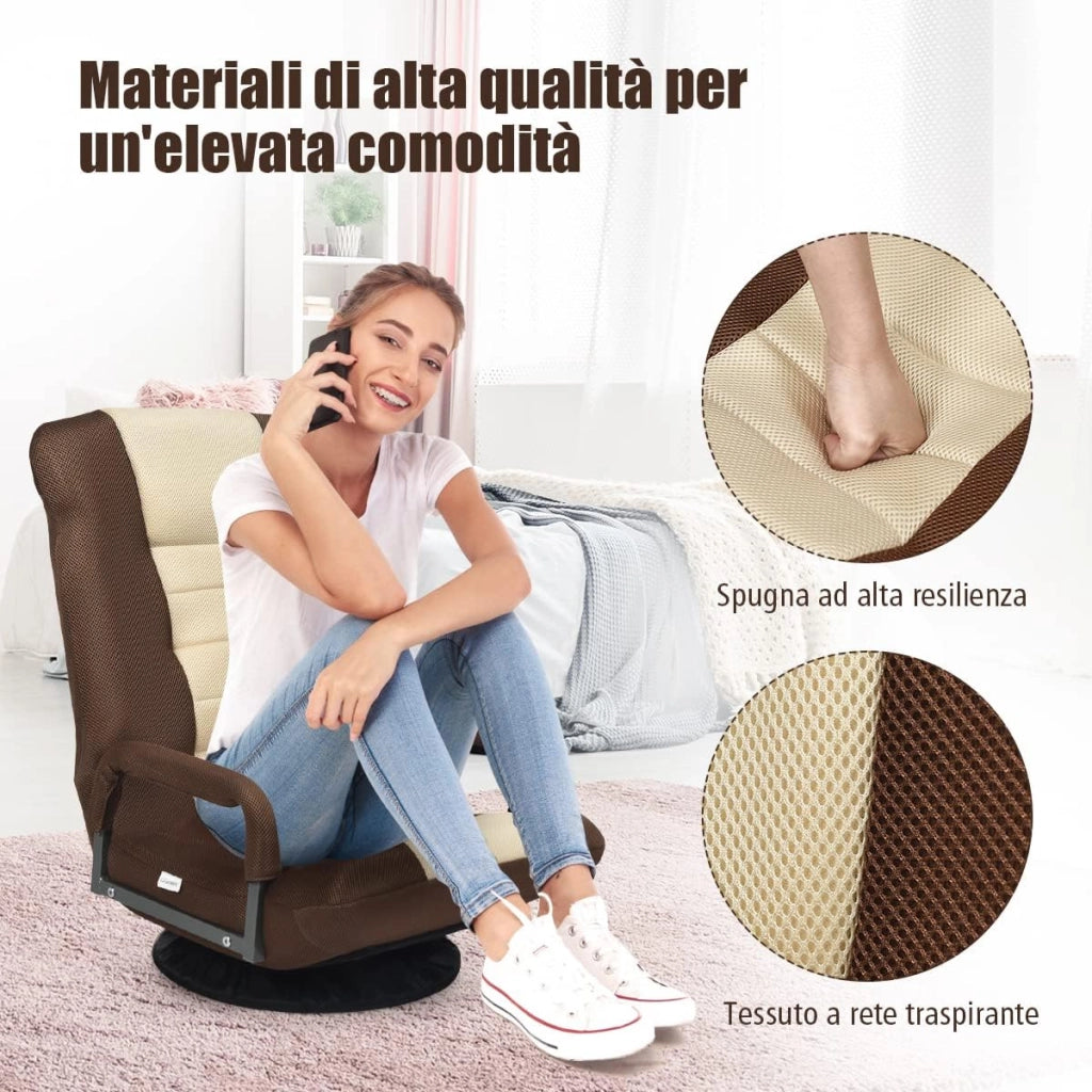 Sedia da Gaming Pieghevole da Terra, Regolabile in 6 Posizioni con Base Girevole a 360°, Struttura in Ferro, per Leggere Rilassarsi (Marrone-Crema)