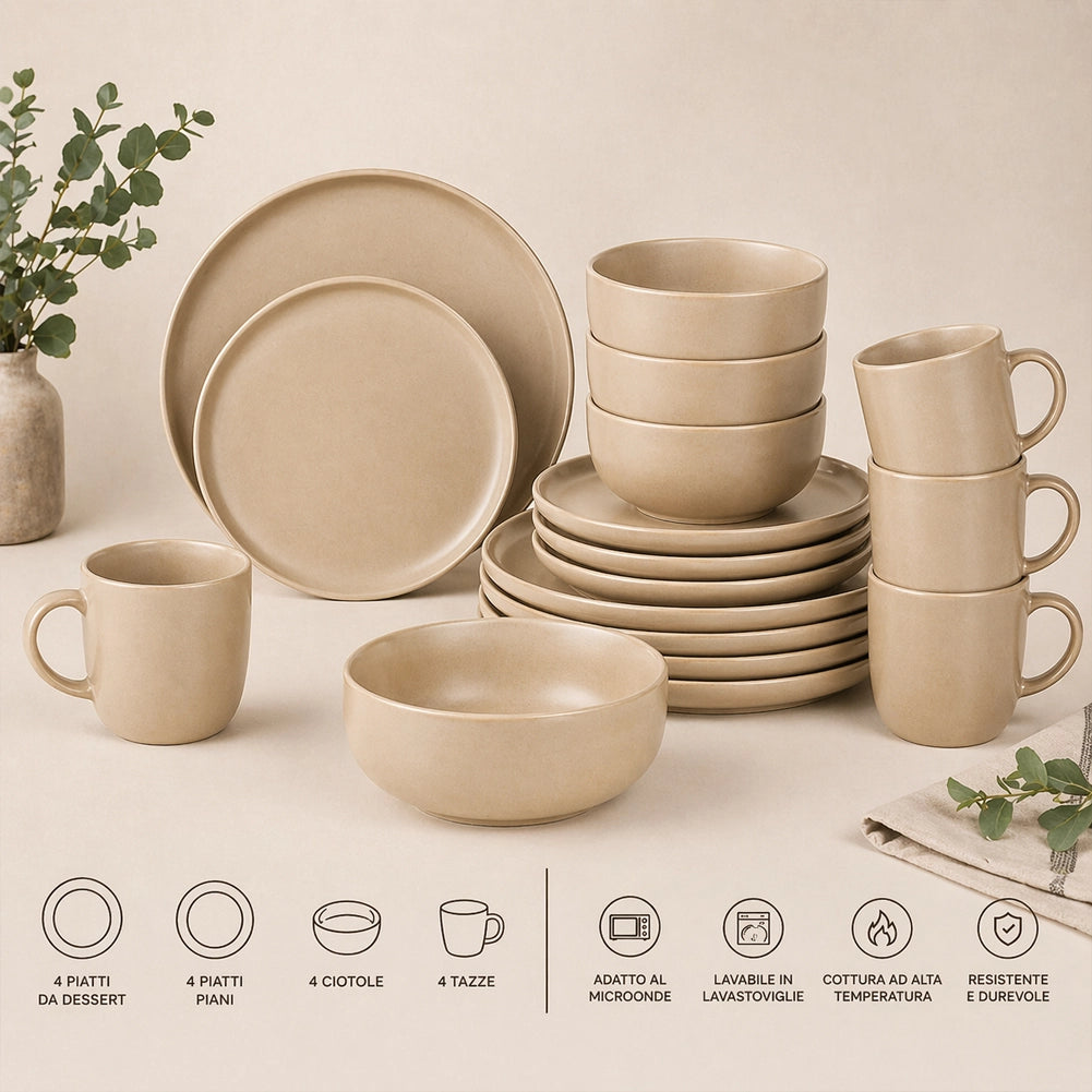 Servizio Piatti da 16 Pezzi Sabbia per 4 Persone in Gres Smaltato Design Moderno