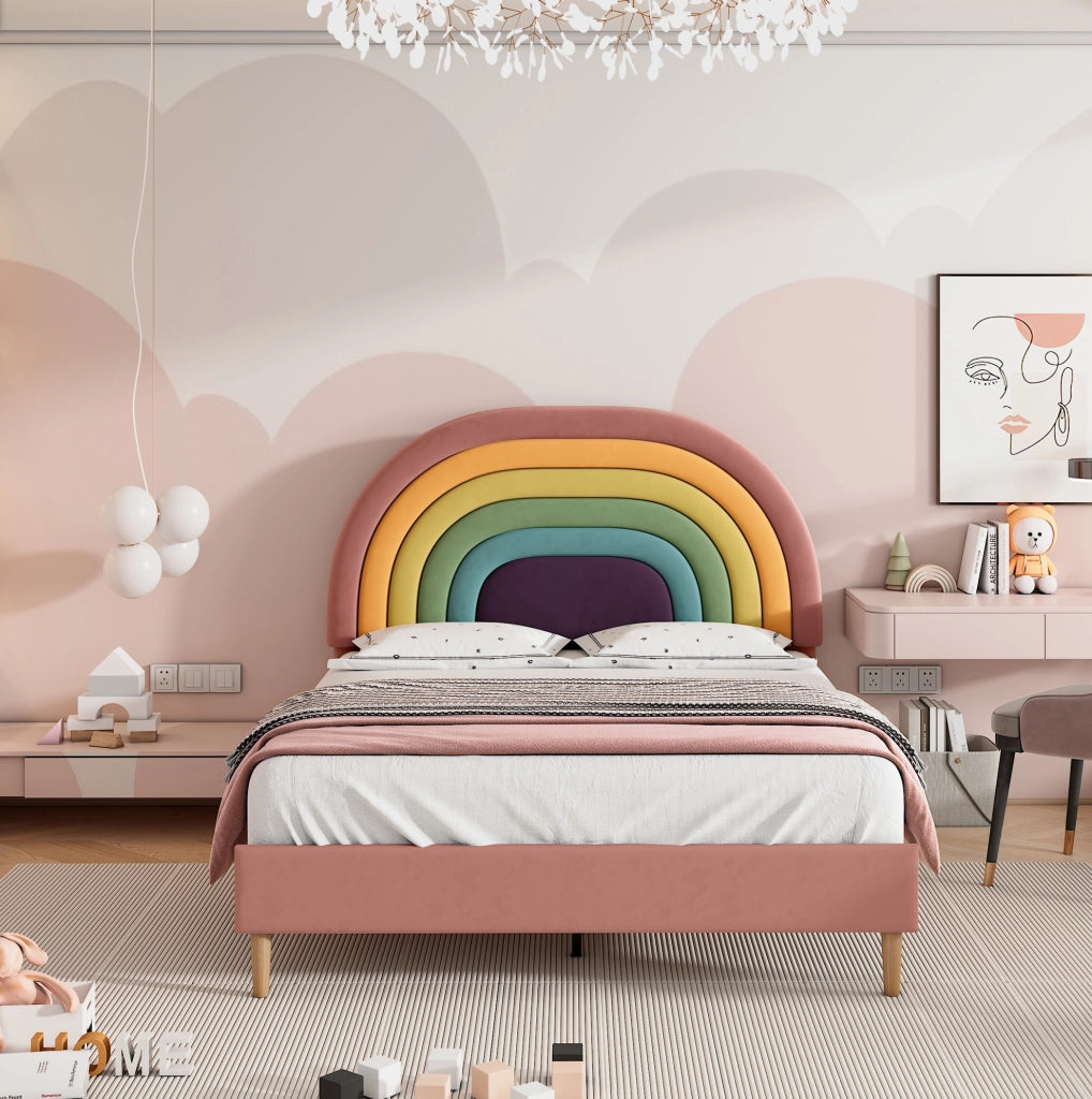 Letto imbottito 140x200 cm in velluto rosa con rete a doghe