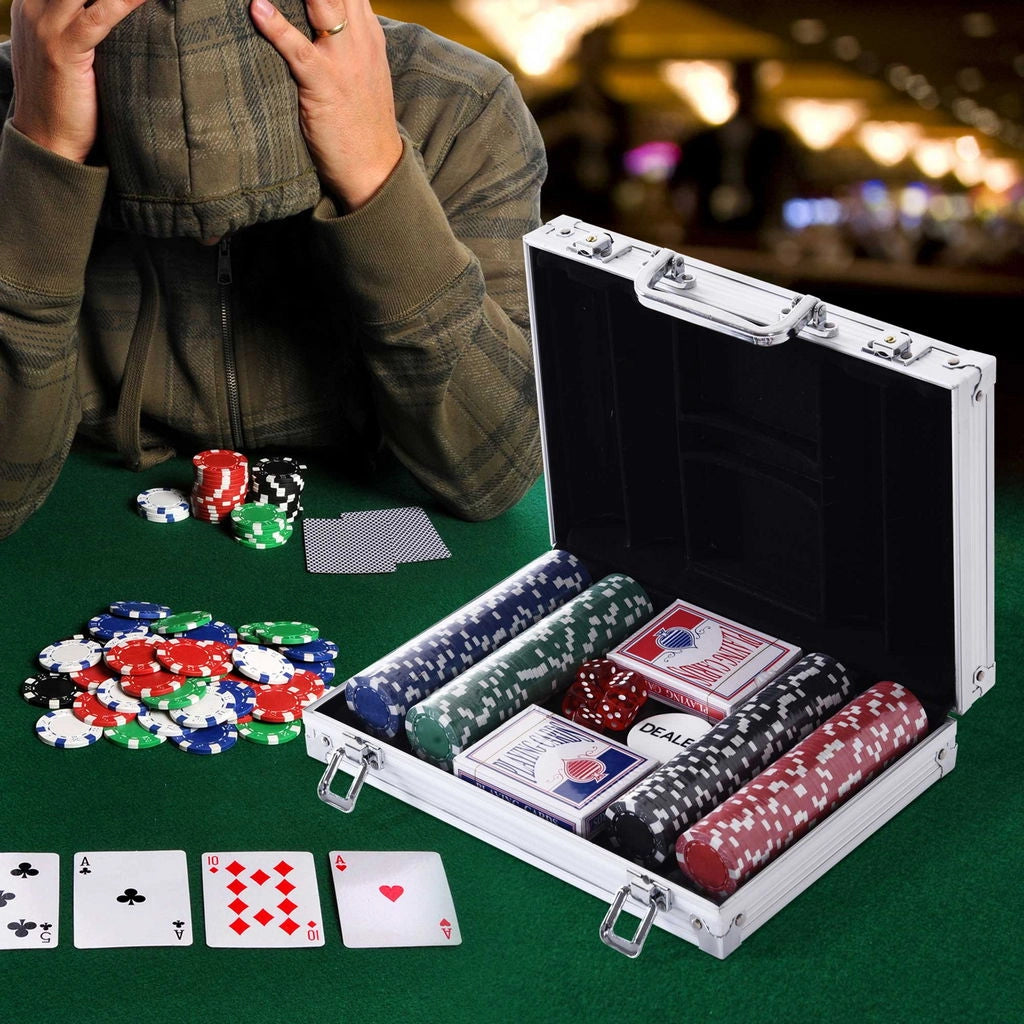 VALIGETTA POKER PROFESSIONALE IN ALLUMINIO, SET CON 200 FICHES E 2 MAZZI PER TEXAS HOLD'EM E BLACKJACK