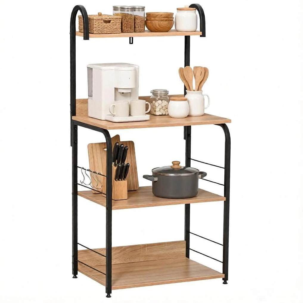 Scaffale da cucina a 4 livelli con ganci, nero e legno naturale