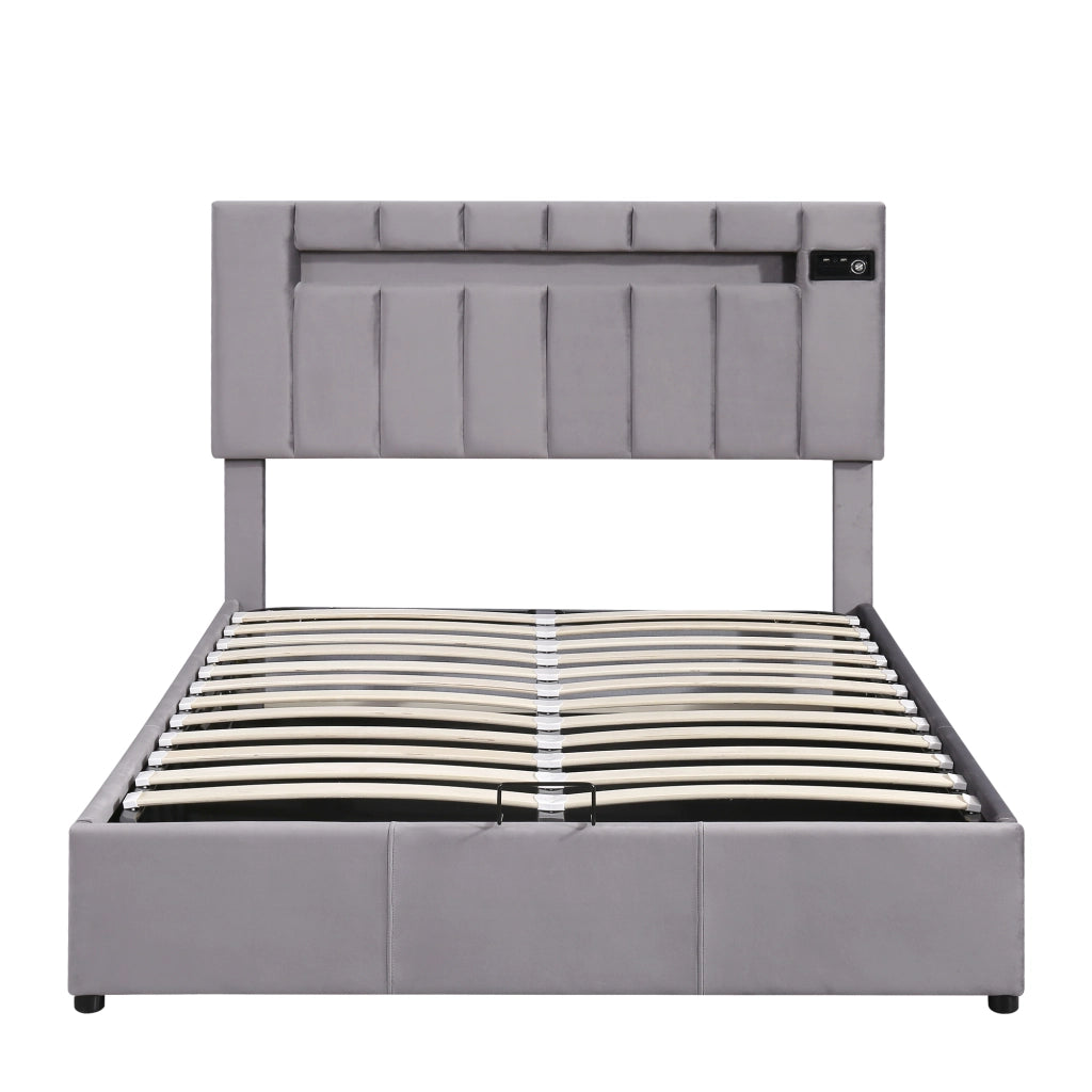 Letto imbottito grigio in velluto con LED; Bluetooth; USB e contenitore idraulico