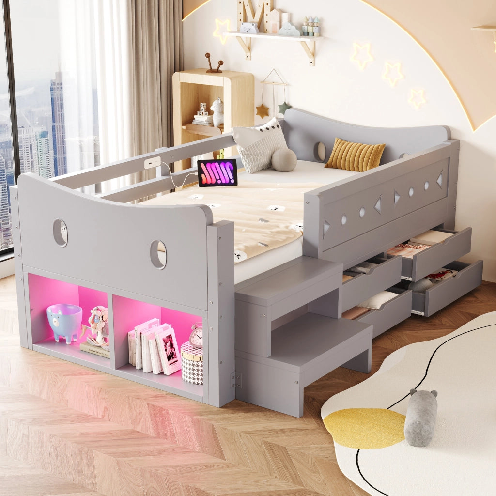 Letto singolo per bambini 90x200 cm con cassetti; testiera portaoggetti; sponda; LED; USB e USB-C; legno grigio