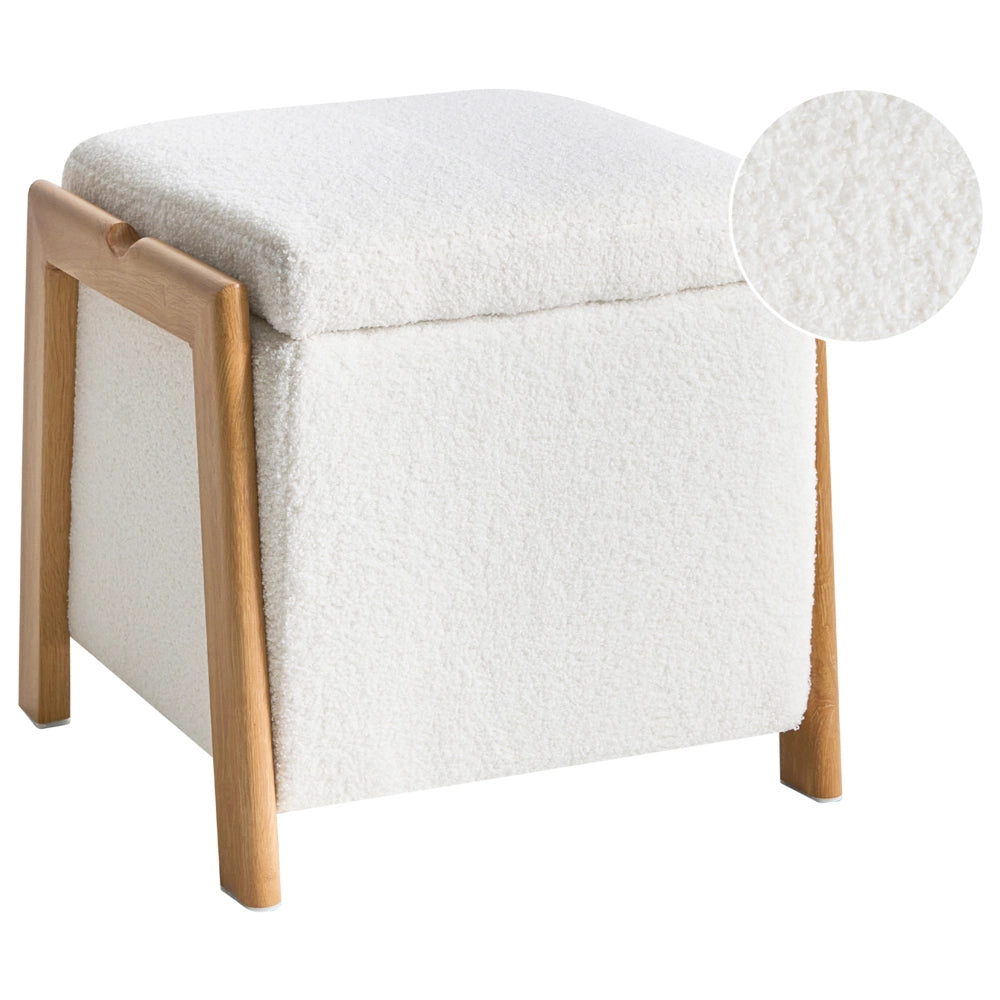 Pouf rivestito in tessuto bouclè bianco con contenitore Accessorio Soggiorno Camera da letto Glam Retrò