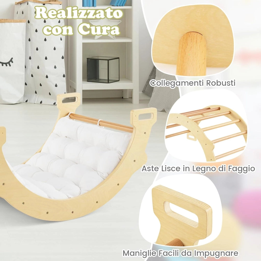 Arco da Arrampicata per Bambini, 2 in 1 Altalena ad Arco in Legno con Cuscino Morbido, Doppia Faccia, Ideale per Bambini 1+ Anni (Naturale)