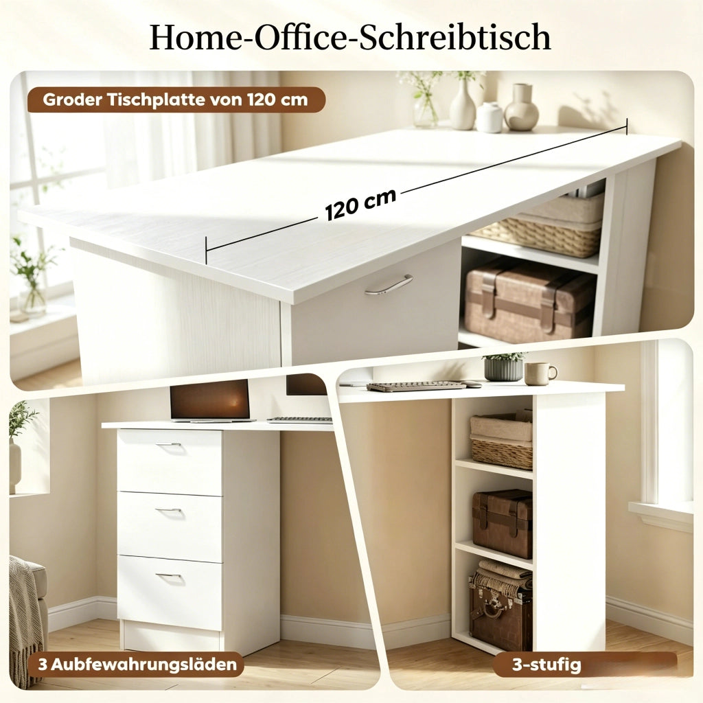 SCRIVANIA da computer 120 cm MDF bianco con 3 cassetti e 3 ripiani