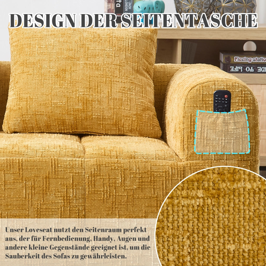 DIVANO Chaise longue 158x90x60 cm in chenille giallo con cuscino e tasche laterali