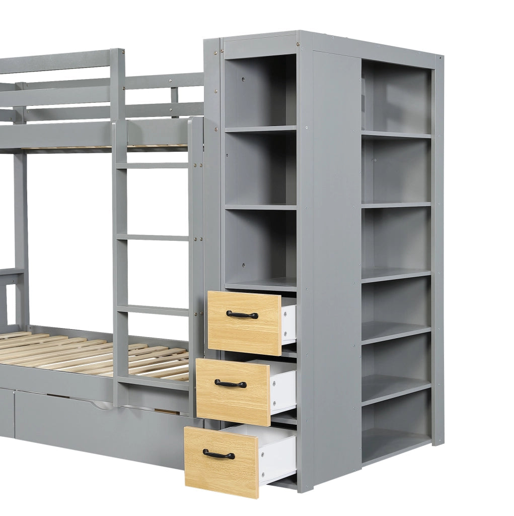 Letto a castello 90x200 cm con cassetti; scaffale laterale e comodino; grigio chiaro e naturale