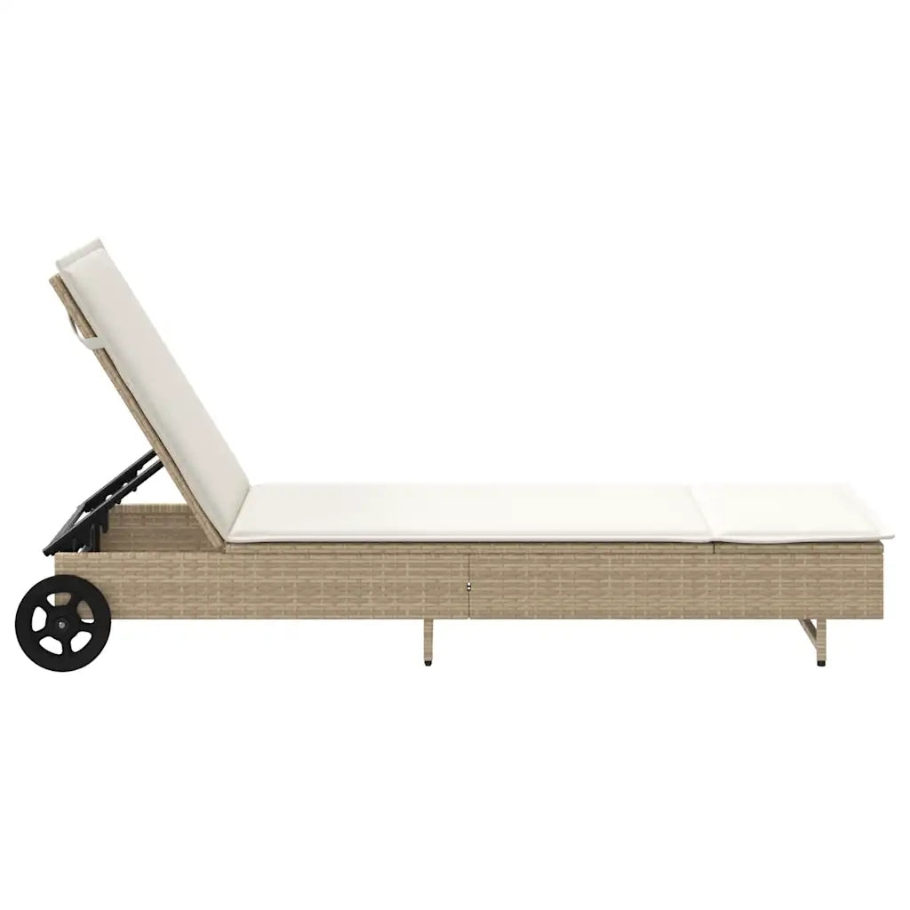 Lettino Prendisole | Sdraio da giardino | Lettino da sole con Ruote e Cuscino in Polyrattan Beige