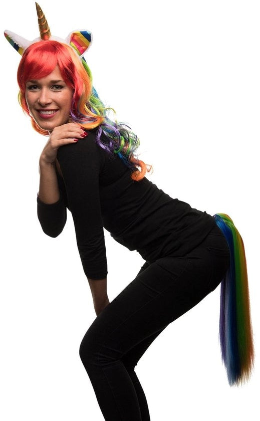 Costume da carnevale Unicornio con parrucca arcobaleno e accessori