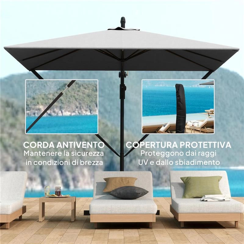 OMBRELLONE DA GIARDINO A SBALZO 3X2.5 M CON MANOVELLA INCLINABILE E GIREVOLE CON COPERTURA GRIGIO
