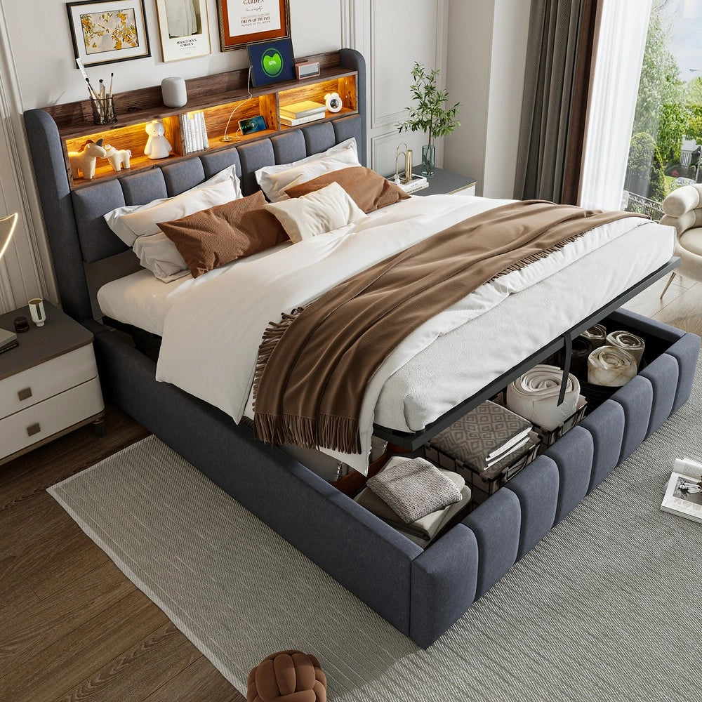 Letto Imbottito Matrimoniale con LED, USB, Contenitore Idraulico ¨C MINIMAL ¨C Tessuto Grigio 180x200