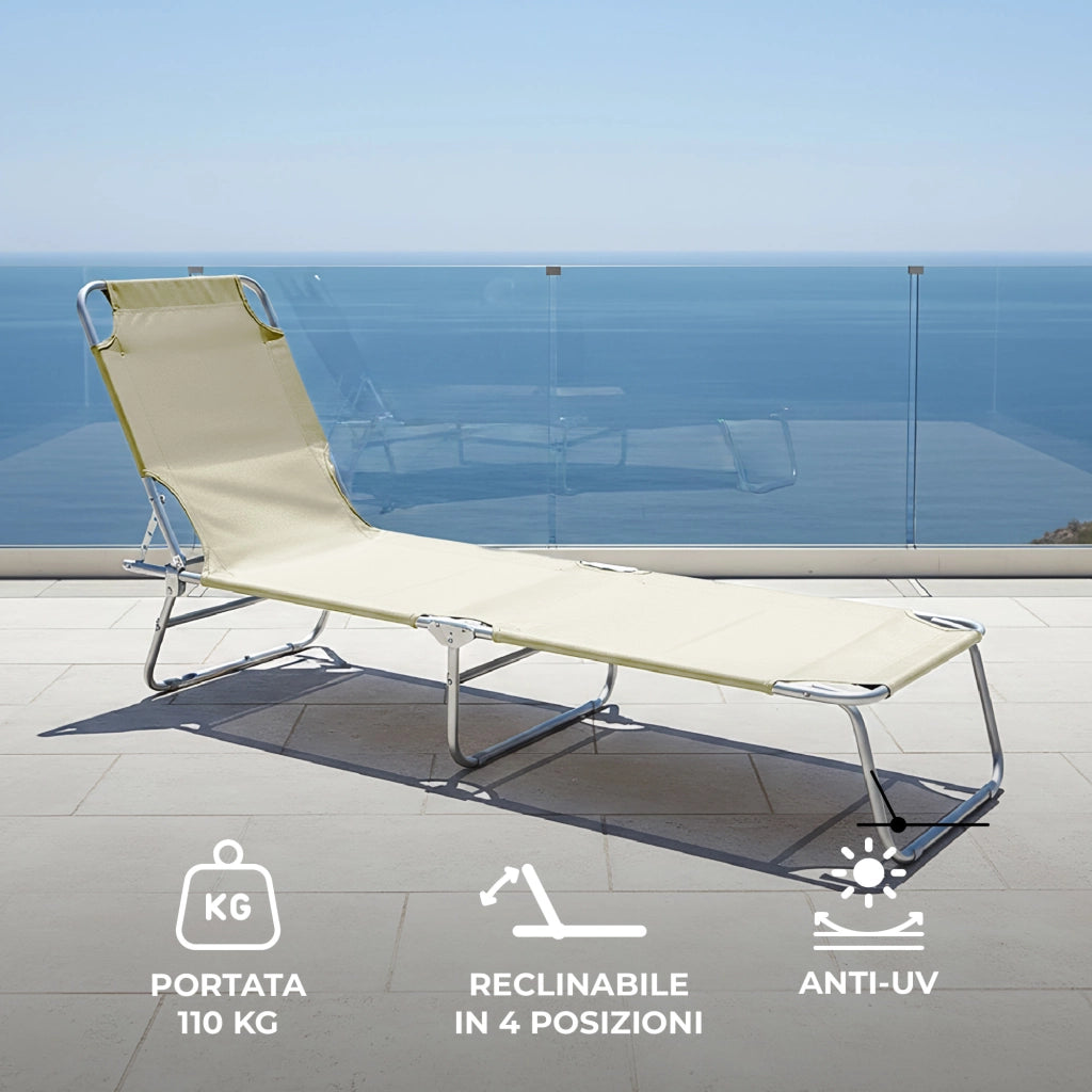Coppia Lettini Prendisole Pieghevoli in Metallo  Reclinabili 4 Posizioni, Waterproof e Anti-UV, Portata 110 kg, Ideali per Mare Giardino Piscina Ecru