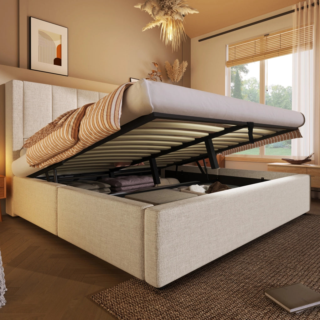 Letto matrimoniale 140x200 cm imbottito in lino beige con materasso; contenitore e ricarica USB