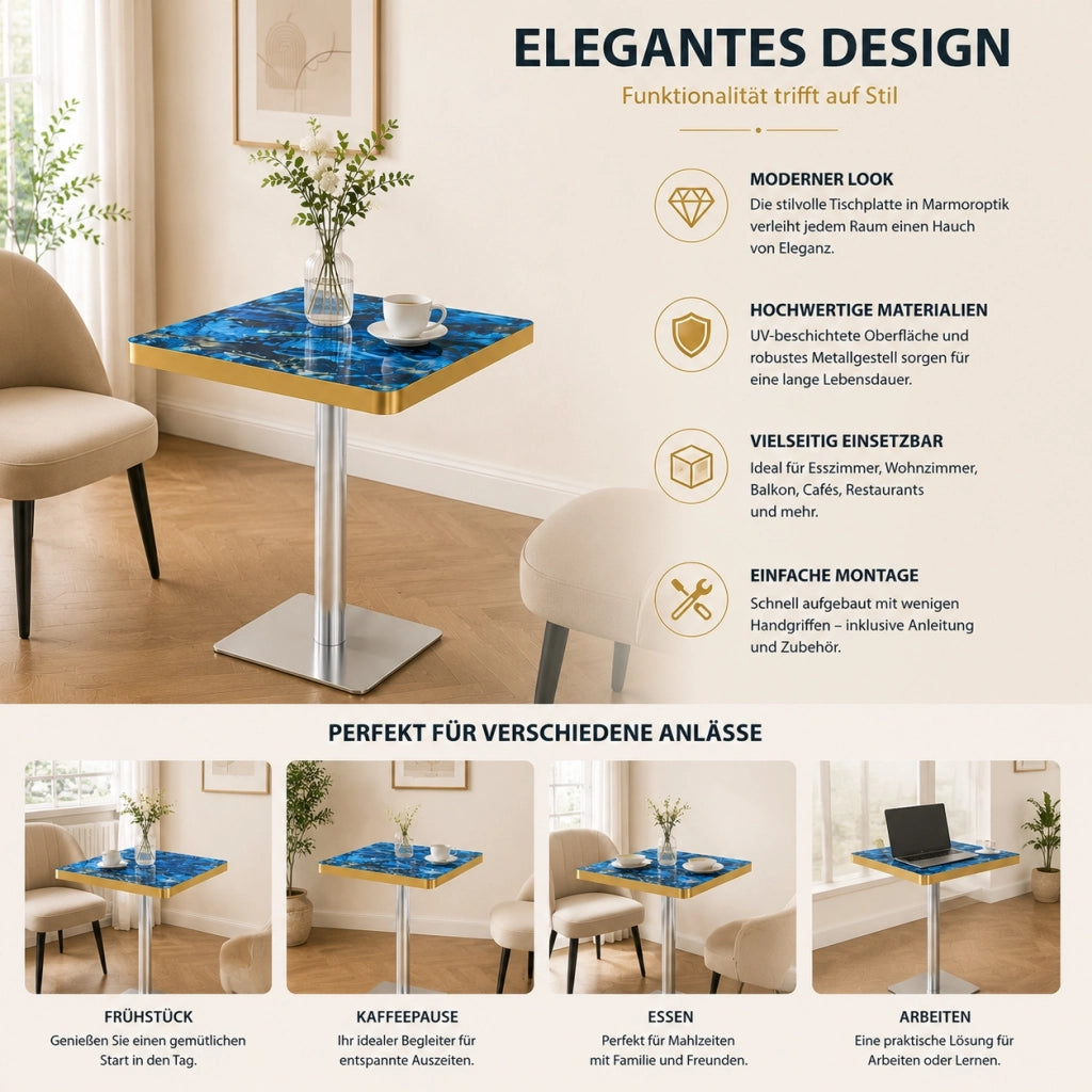 Tavolo da pranzo quadrato con piano effetto marmo e base in metallo stabile, per 2-4 persone, blu, 60 × 60 × 74 cm