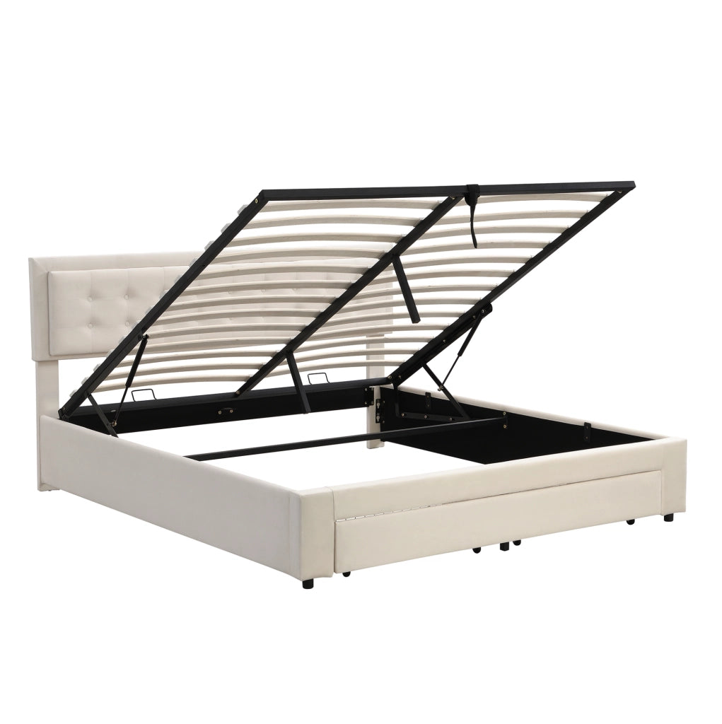 Letto matrimoniale contenitore con cassetti; testiera regolabile; velluto; 180x200 cm; beige