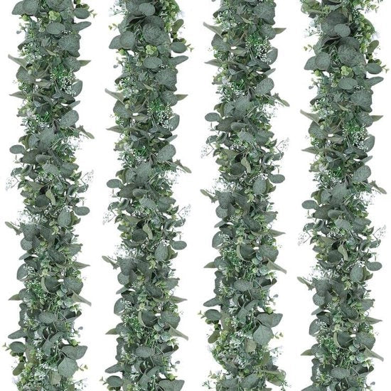 4 pezzi di finte slanciate di eucalipto con foglie di salice, foglie verdi e corone di fiori bianchi, pianta artificiale, pianta da appendere per sfondo, decorazione di matrimonio, tovagliato per tavola, centro di tavola