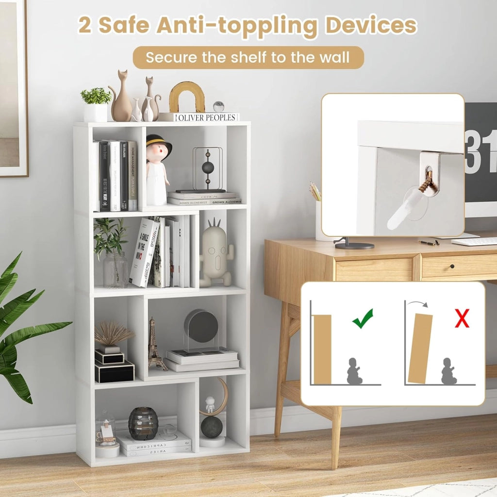 Libreria Mobile Portaoggetti a 8 Cubi, Scaffale Portaoggetti Camera da Letto con Kit Antiribaltamento, Libreria Autoportante in Legno per Soggiorno, Ufficio, 60 x 20 x 120 cm (Bianco)