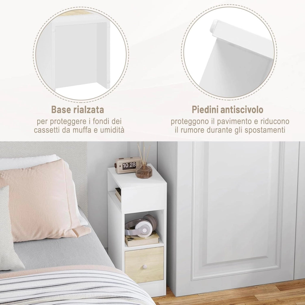 Set di 2 Comodino Stretto, Comodino con 2 Scomparti a Giorno e Cassetto, Tavolino da Notte 25x30x66cm, Mobile Salvaspazio per Camera da Letto, Soggiorno, in Truciolato, Rovere, 0011CTG-2-FL