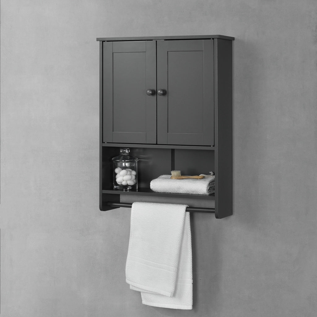 Armadietto Pensile da Bagno con Barra Portaasciugamano 65 x 48,7 x 14,5 cm Mobiletto da Muro con 2 Ante e Ripiani - Grigio Scuro